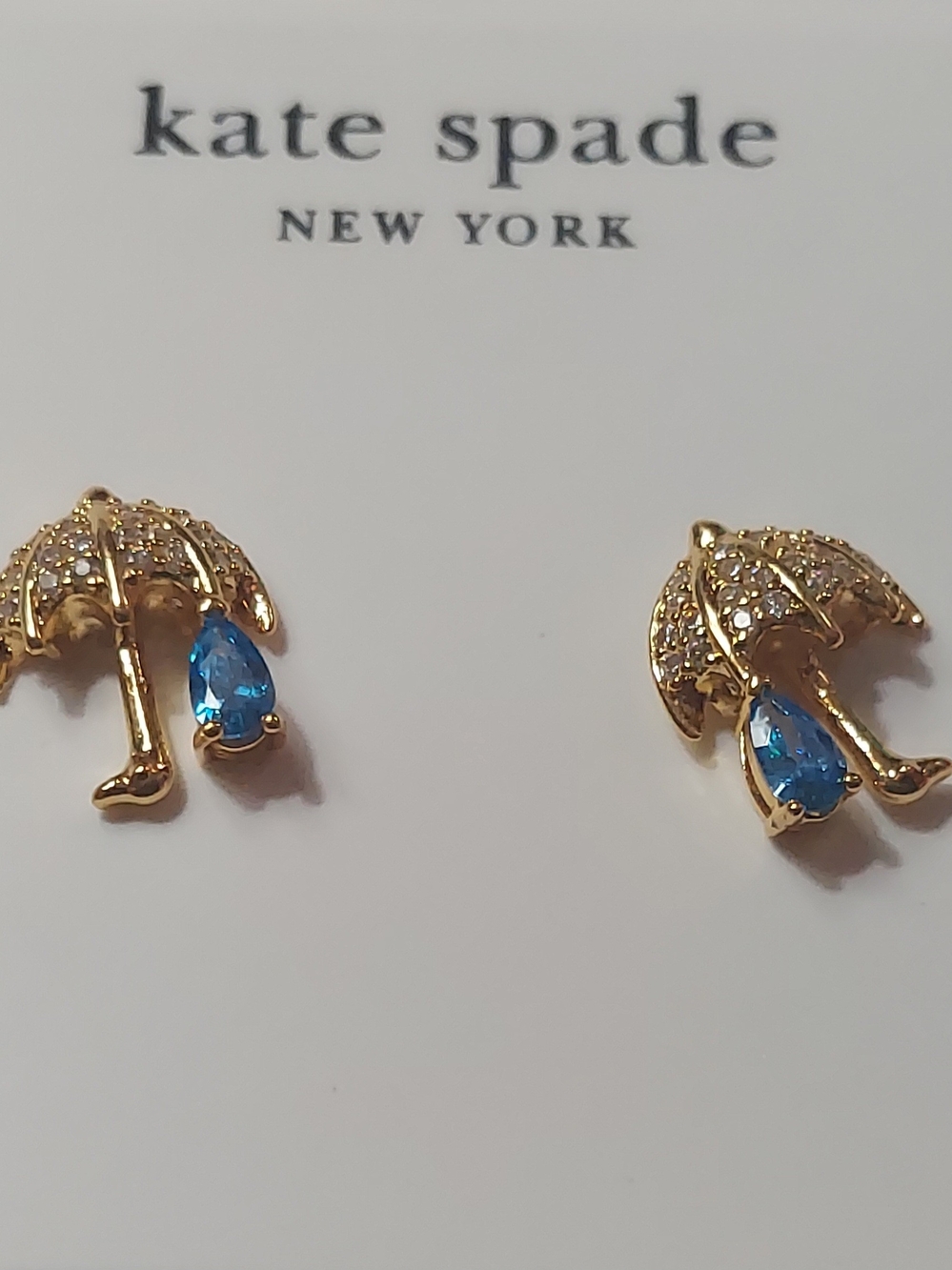 kate spade Gold Umbrella Stud Earrings with Blue Teardrop Stones